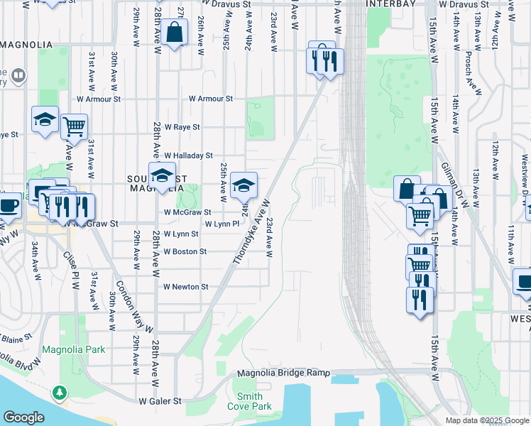 map of restaurants, bars, coffee shops, grocery stores, and more near 2334 Thorndyke Avenue West in Seattle