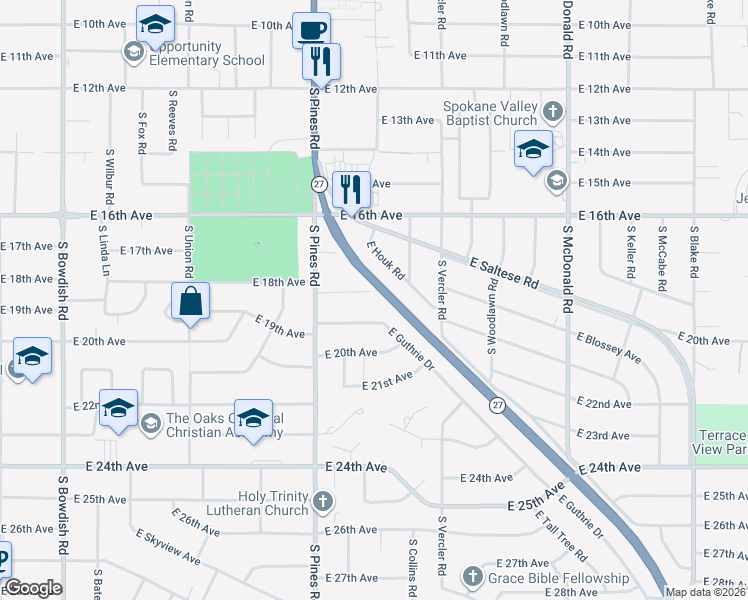 map of restaurants, bars, coffee shops, grocery stores, and more near 12424 East 18th Avenue in Spokane Valley