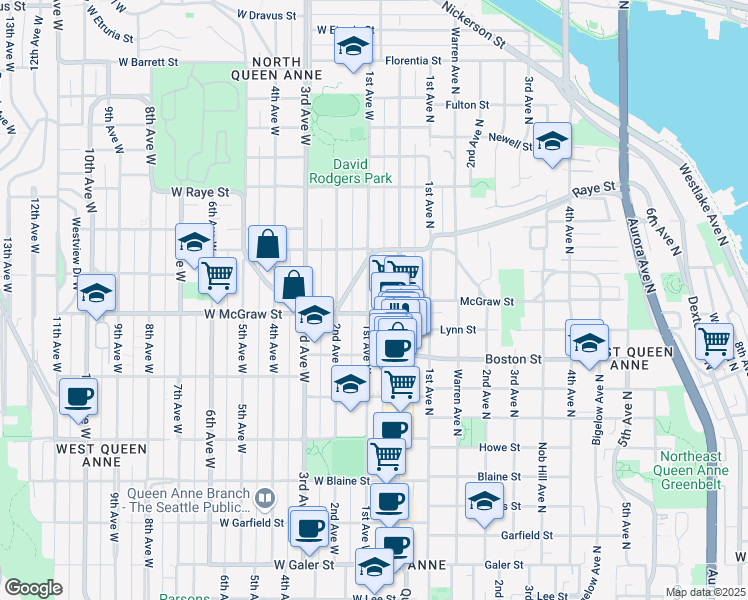 map of restaurants, bars, coffee shops, grocery stores, and more near 2410 1st Avenue West in Seattle