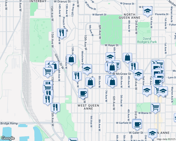 map of restaurants, bars, coffee shops, grocery stores, and more near 2408 10th Avenue West in Seattle