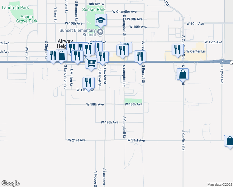 map of restaurants, bars, coffee shops, grocery stores, and more near 30 South Mintle Street in Airway Heights