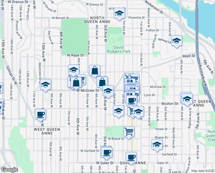 map of restaurants, bars, coffee shops, grocery stores, and more near 2410 3rd Avenue West in Seattle
