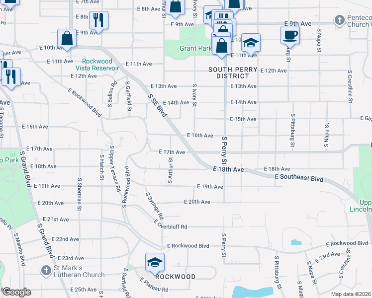 map of restaurants, bars, coffee shops, grocery stores, and more near 1629 South Southeast Boulevard in Spokane