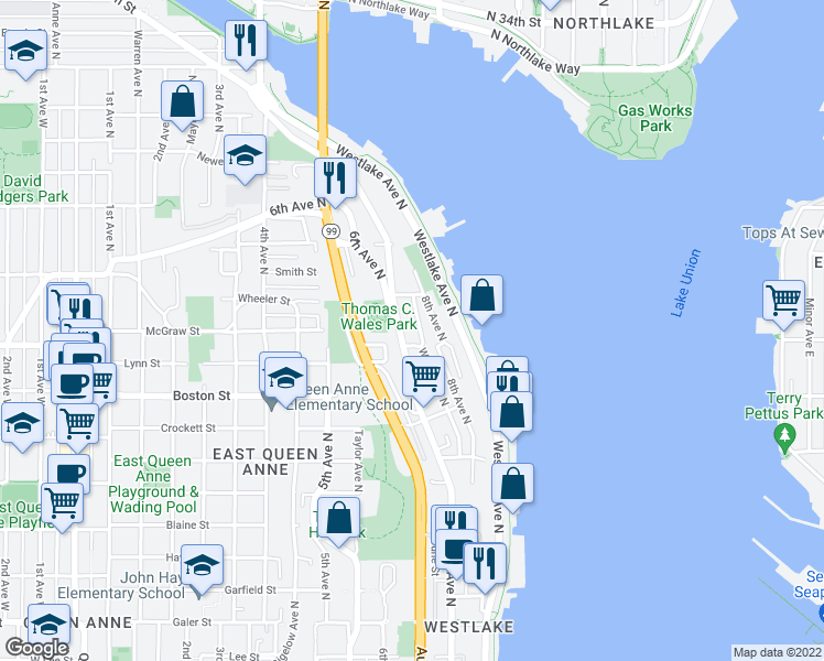 map of restaurants, bars, coffee shops, grocery stores, and more near 2419 Dexter Avenue North in Seattle