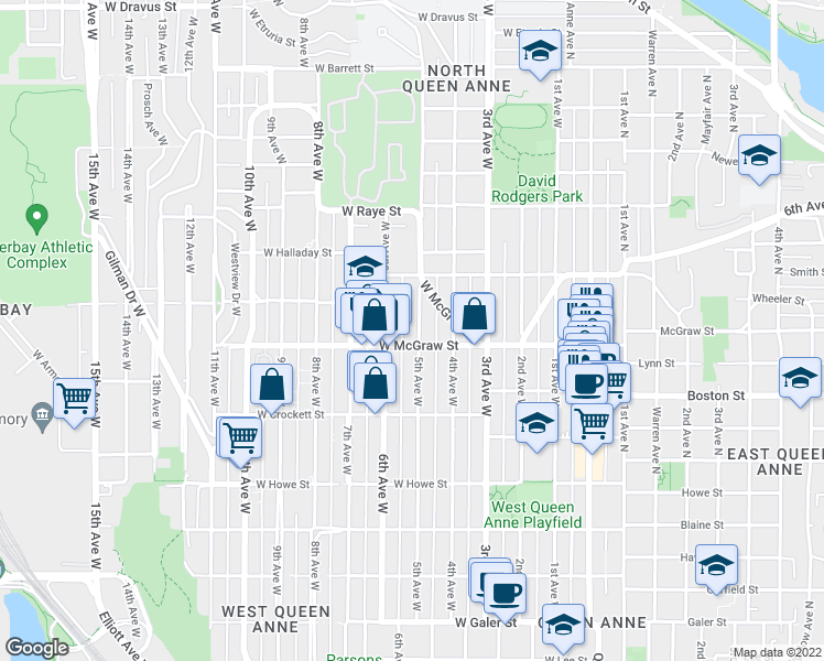 map of restaurants, bars, coffee shops, grocery stores, and more near 2411 5th Avenue West in Seattle
