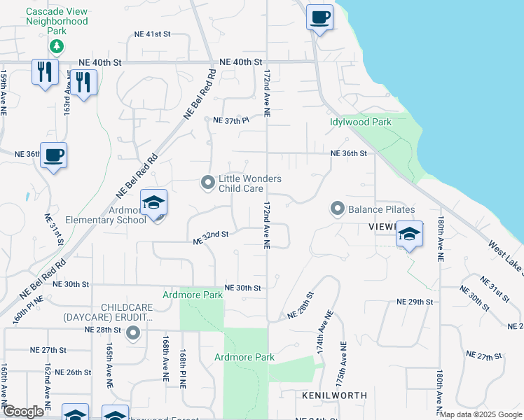 map of restaurants, bars, coffee shops, grocery stores, and more near 3309 172nd Avenue Northeast in Bellevue