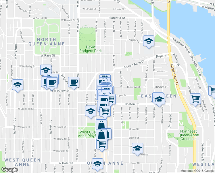 map of restaurants, bars, coffee shops, grocery stores, and more near 2410 Queen Anne Avenue North in Seattle