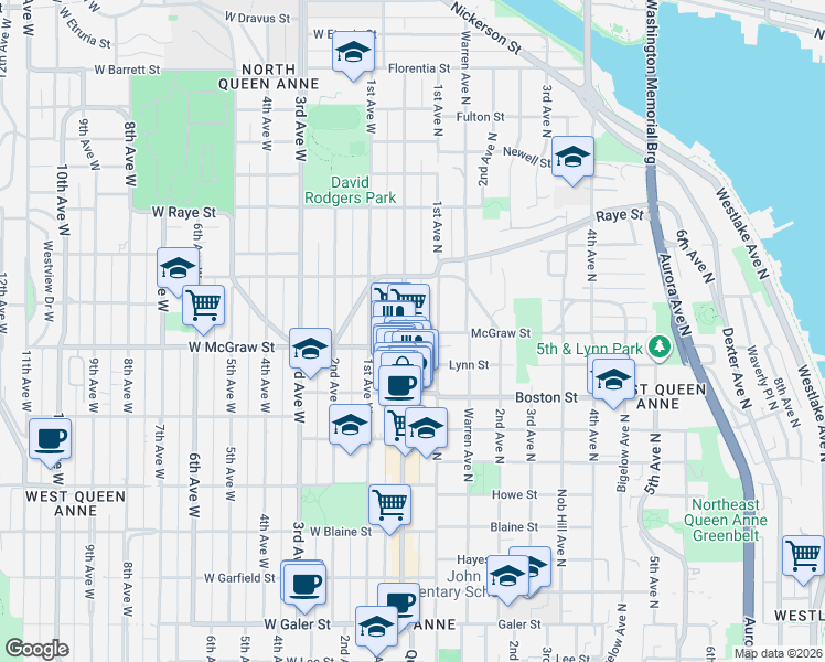 map of restaurants, bars, coffee shops, grocery stores, and more near 2410 Queen Anne Avenue North in Seattle