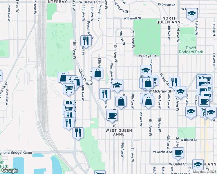 map of restaurants, bars, coffee shops, grocery stores, and more near 2408 11th Avenue West in Seattle