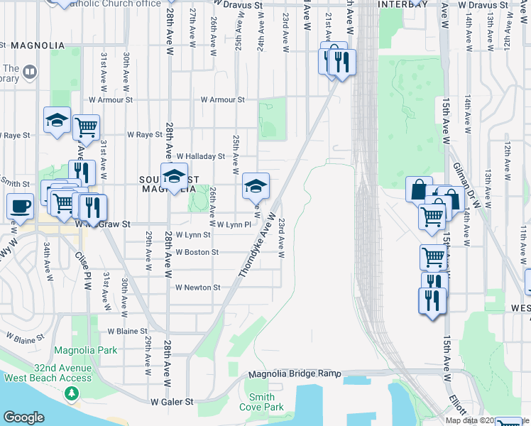 map of restaurants, bars, coffee shops, grocery stores, and more near 2334 Thorndyke Avenue West in Seattle