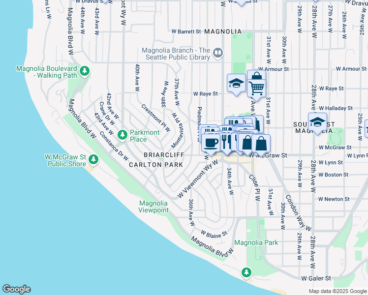 map of restaurants, bars, coffee shops, grocery stores, and more near 2416 Eyres Place West in Seattle