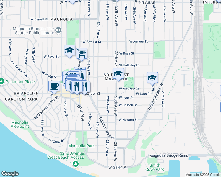 map of restaurants, bars, coffee shops, grocery stores, and more near 2414 29th Avenue West in Seattle