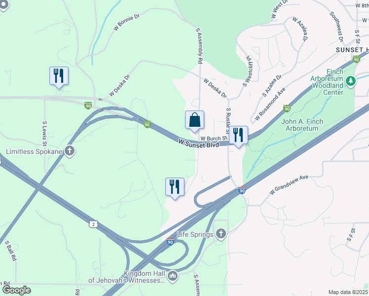 map of restaurants, bars, coffee shops, grocery stores, and more near 1724 South Assembly Street in Spokane