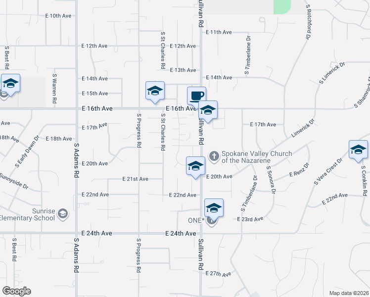 map of restaurants, bars, coffee shops, grocery stores, and more near 15414 East 19th Lane in Spokane Valley
