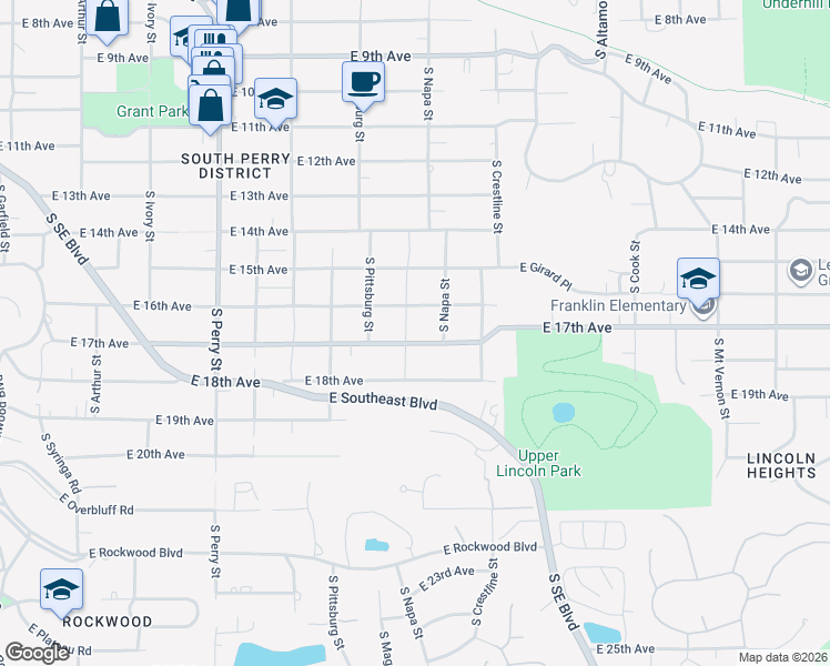 map of restaurants, bars, coffee shops, grocery stores, and more near 1907 E 17th Ave in Spokane