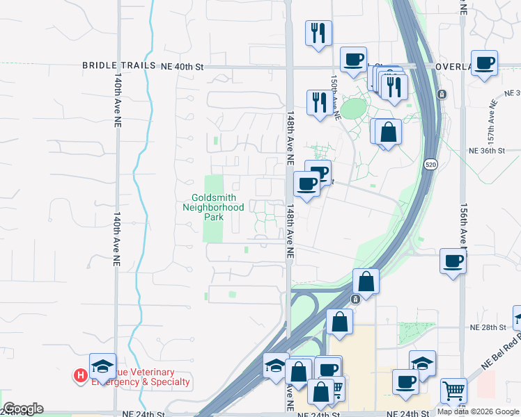 map of restaurants, bars, coffee shops, grocery stores, and more near 14645 Northeast 34th Street in Bellevue