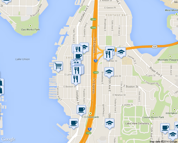 map of restaurants, bars, coffee shops, grocery stores, and more near in Seattle