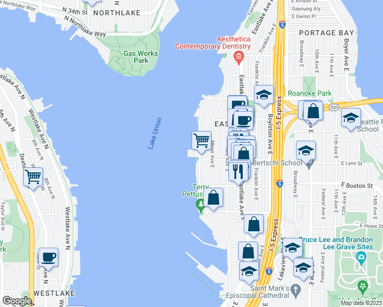 map of restaurants, bars, coffee shops, grocery stores, and more near in Seattle