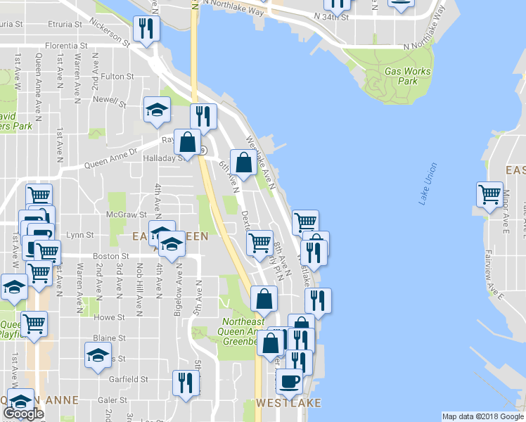 map of restaurants, bars, coffee shops, grocery stores, and more near 2415 8th Avenue North in Seattle