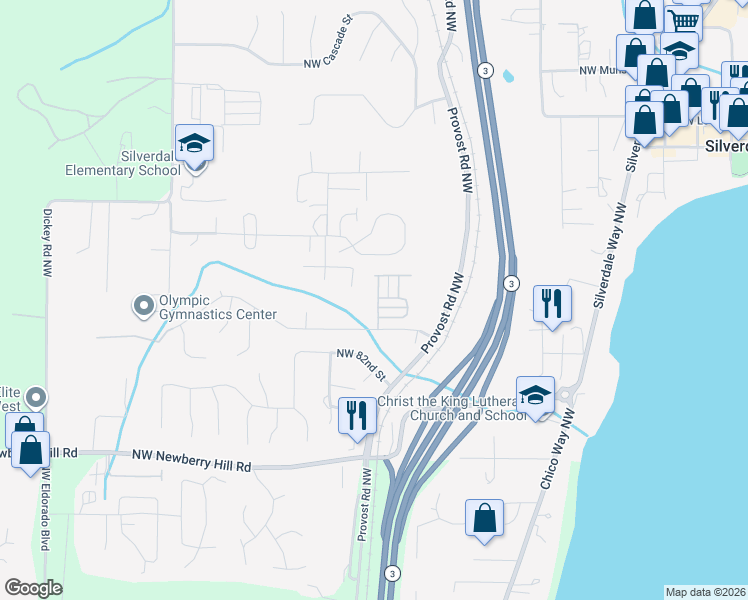 map of restaurants, bars, coffee shops, grocery stores, and more near 8461 Willowberry Avenue Northwest in Silverdale