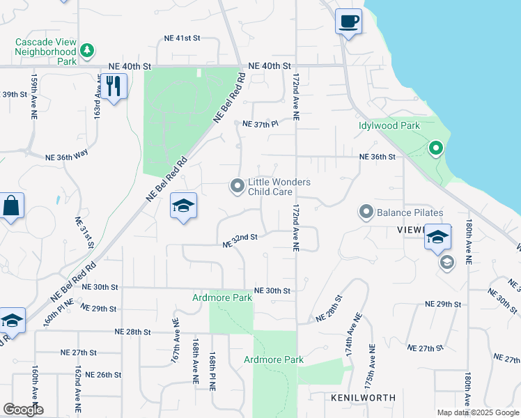 map of restaurants, bars, coffee shops, grocery stores, and more near 17001 Northeast 33rd Street in Bellevue