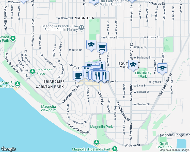map of restaurants, bars, coffee shops, grocery stores, and more near 3216 West Wheeler Street in Seattle