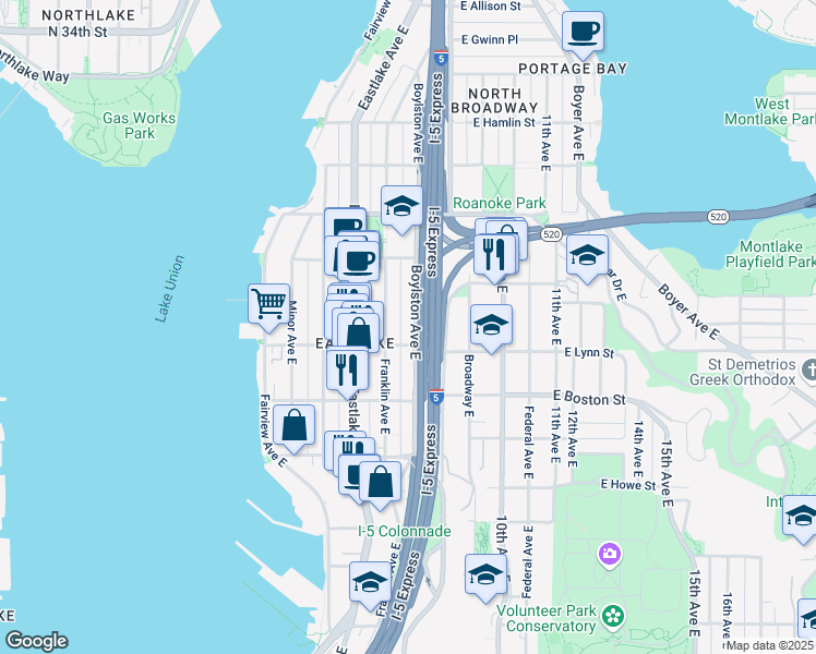 map of restaurants, bars, coffee shops, grocery stores, and more near in Seattle