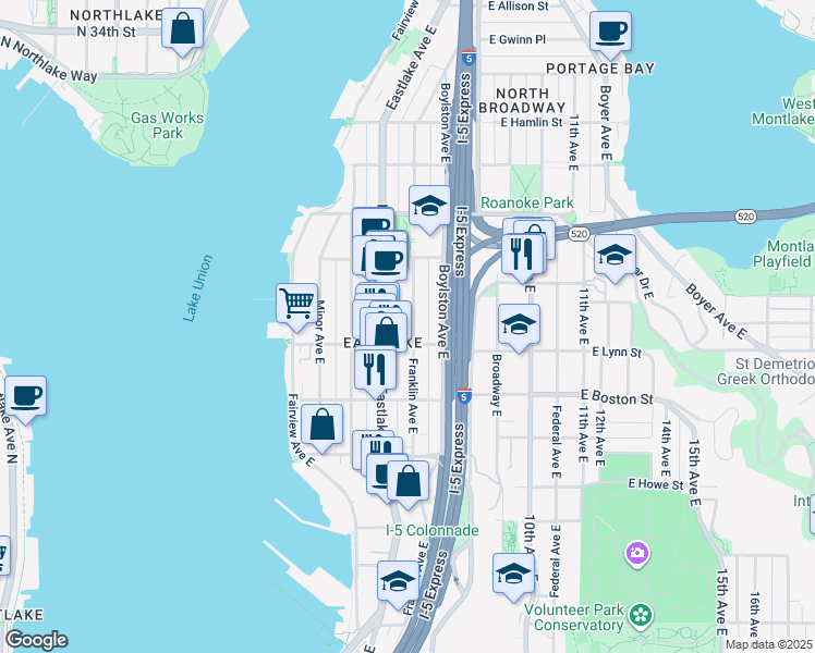 map of restaurants, bars, coffee shops, grocery stores, and more near 2303 Franklin Avenue East in Seattle