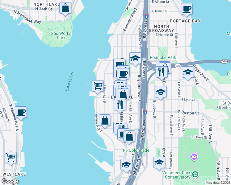 map of restaurants, bars, coffee shops, grocery stores, and more near in Seattle