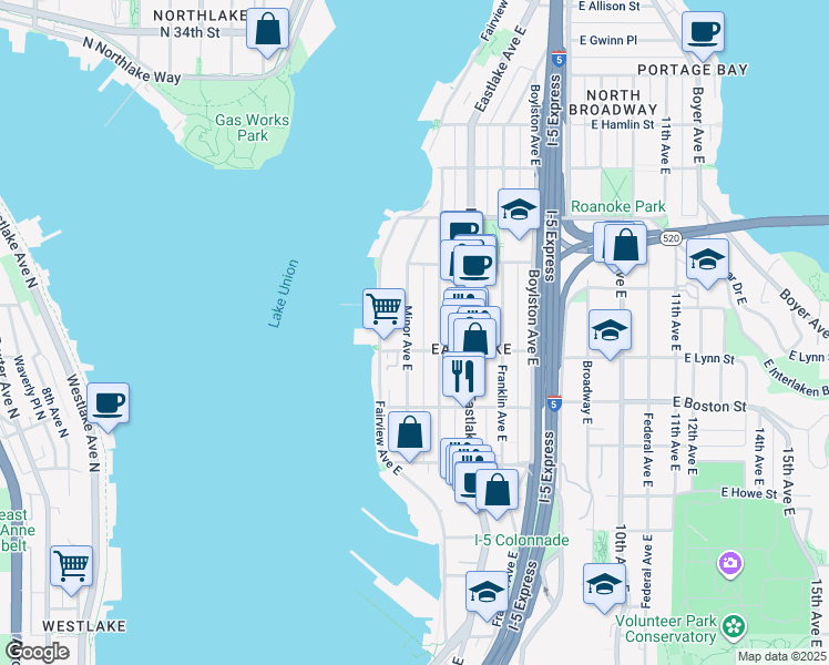 map of restaurants, bars, coffee shops, grocery stores, and more near in Seattle
