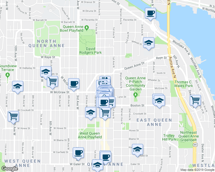 map of restaurants, bars, coffee shops, grocery stores, and more near 2410 Queen Anne Avenue North in Seattle