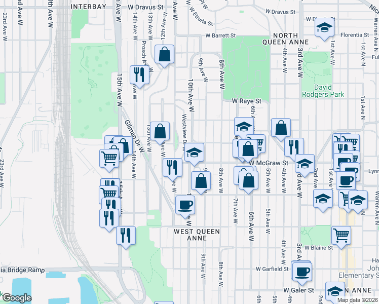 map of restaurants, bars, coffee shops, grocery stores, and more near 2408 10th Avenue West in Seattle