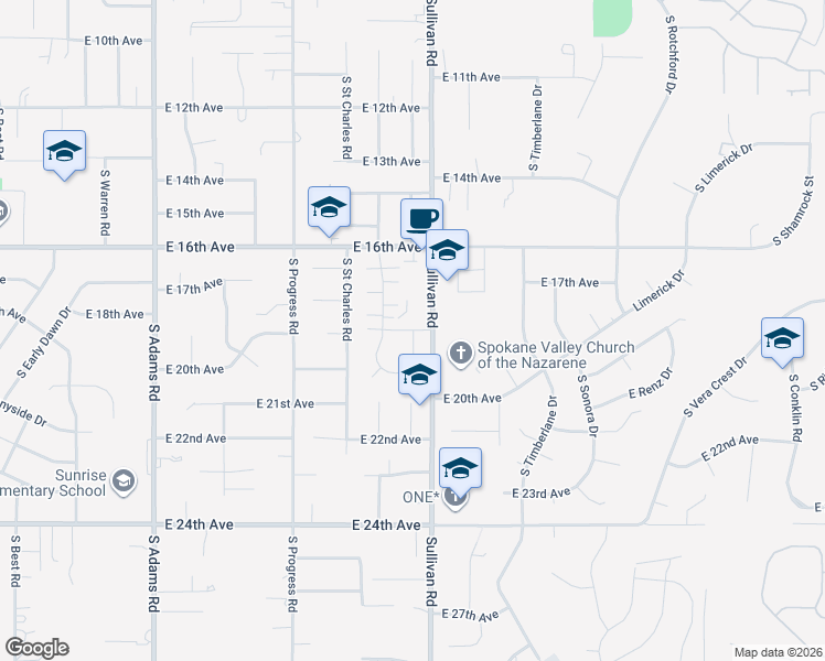 map of restaurants, bars, coffee shops, grocery stores, and more near 1999 South Century Lane in Spokane Valley
