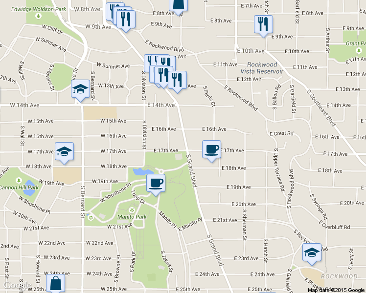 map of restaurants, bars, coffee shops, grocery stores, and more near 1636 South Grand Boulevard in Spokane