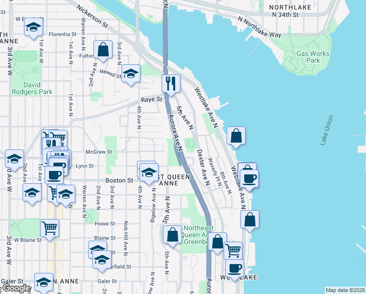 map of restaurants, bars, coffee shops, grocery stores, and more near 2400 Aurora Avenue North in Seattle