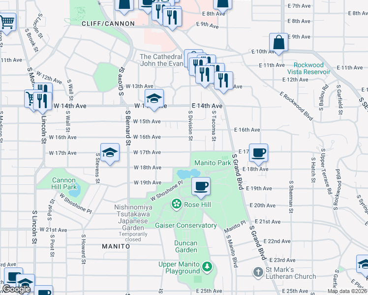 map of restaurants, bars, coffee shops, grocery stores, and more near 26 West 17th Avenue in Spokane