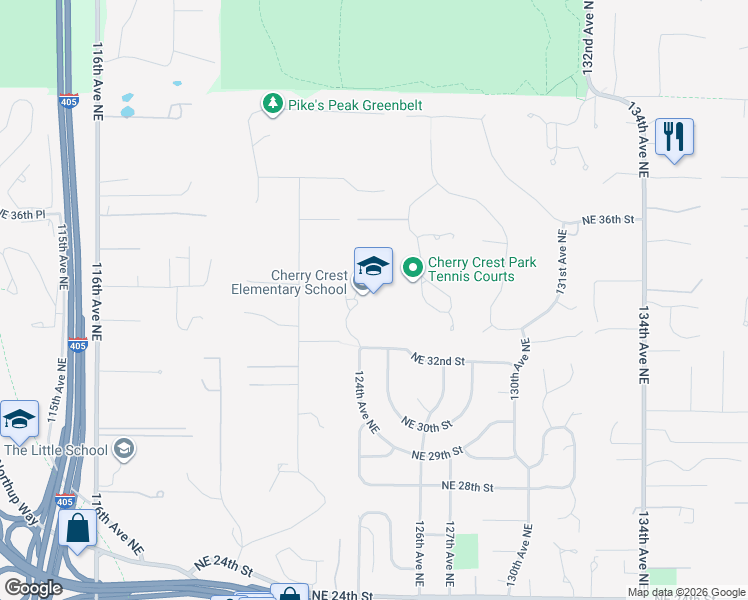 map of restaurants, bars, coffee shops, grocery stores, and more near 12400 Northeast 32nd Street in Bellevue