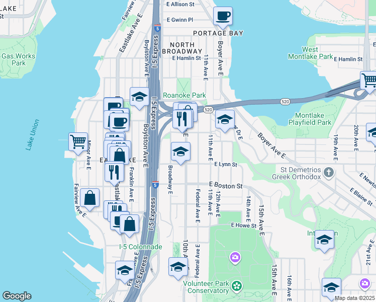 map of restaurants, bars, coffee shops, grocery stores, and more near 2315 10th Avenue East in Seattle