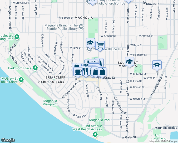 map of restaurants, bars, coffee shops, grocery stores, and more near 3220 West McGraw Street in Seattle