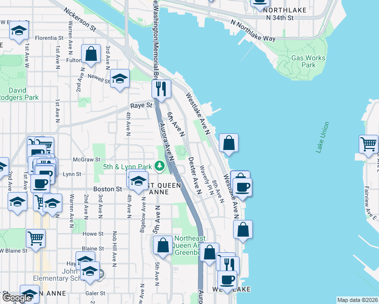 map of restaurants, bars, coffee shops, grocery stores, and more near Dexter Ave N & 6th Ave N in Seattle