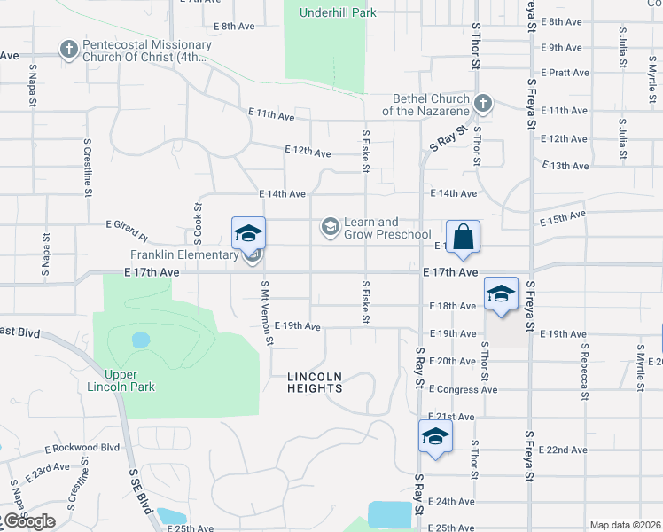 map of restaurants, bars, coffee shops, grocery stores, and more near 2924 East 17th Avenue in Spokane