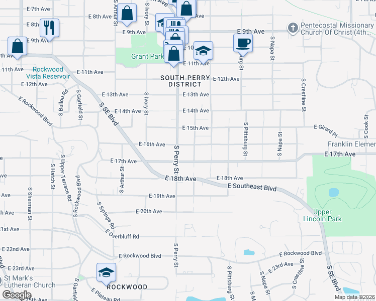 map of restaurants, bars, coffee shops, grocery stores, and more near 1503 East 17th Avenue in Spokane