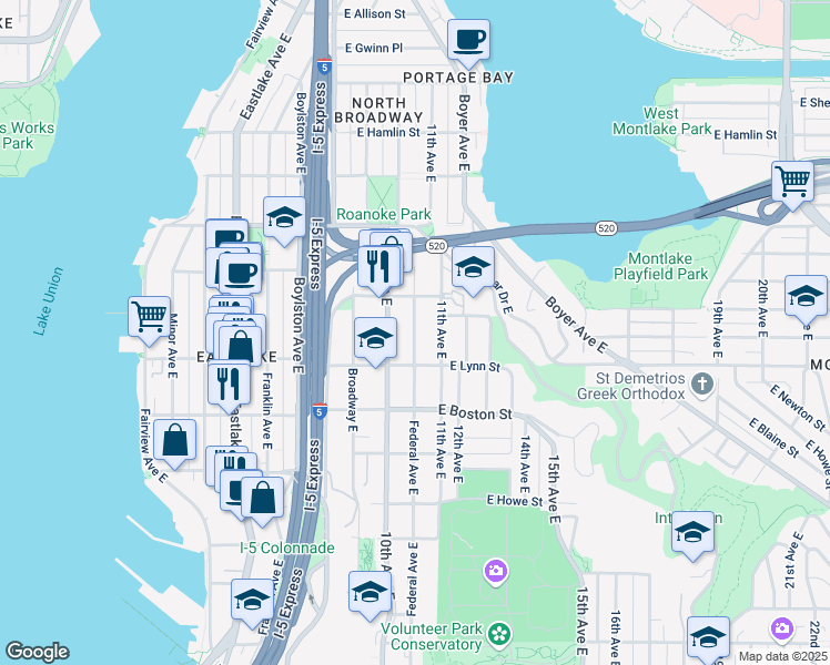 map of restaurants, bars, coffee shops, grocery stores, and more near 2312 Federal Avenue East in Seattle