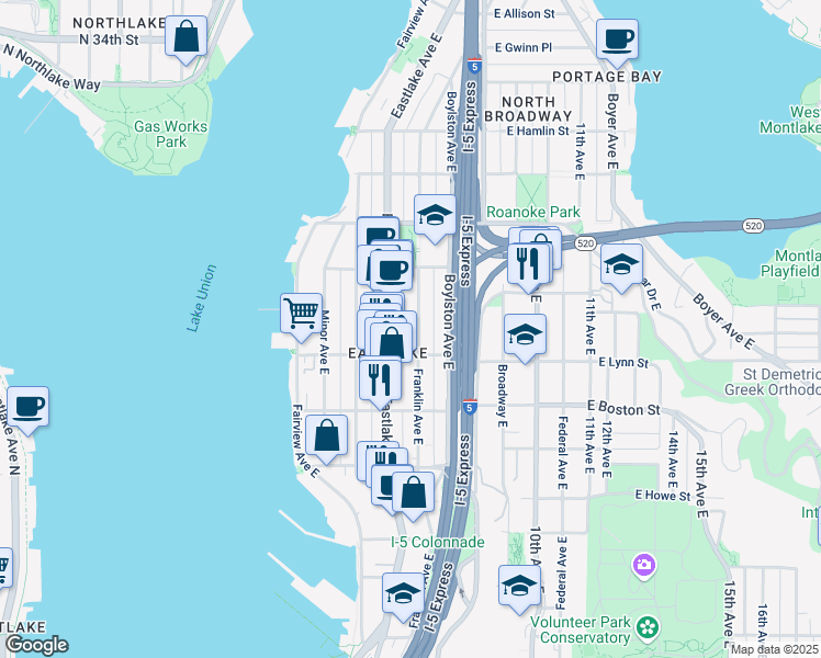map of restaurants, bars, coffee shops, grocery stores, and more near 2303 Franklin Avenue East in Seattle