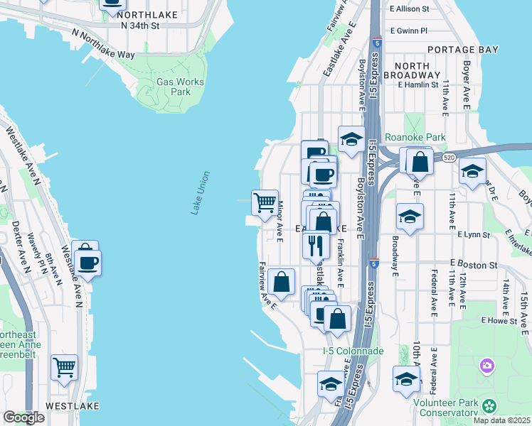 map of restaurants, bars, coffee shops, grocery stores, and more near in Seattle