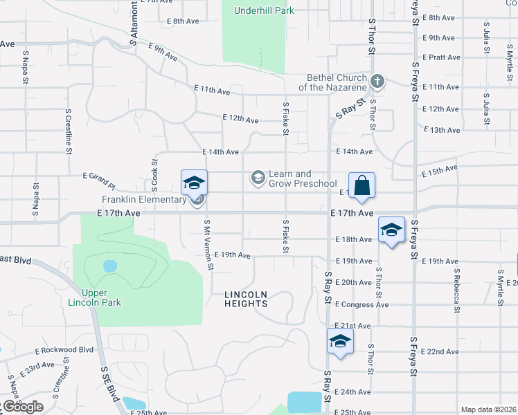 map of restaurants, bars, coffee shops, grocery stores, and more near 2924 East 17th Avenue in Spokane