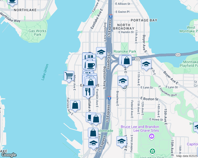 map of restaurants, bars, coffee shops, grocery stores, and more near 2324 Franklin Avenue East in Seattle
