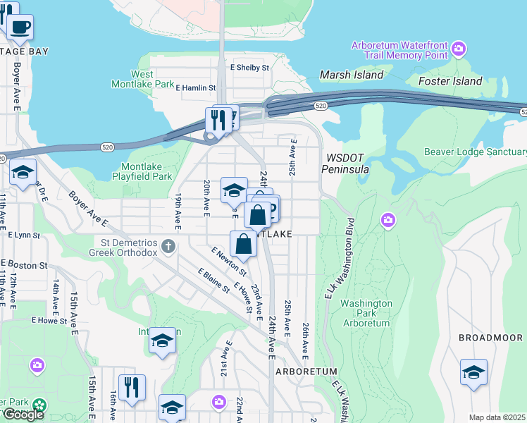 map of restaurants, bars, coffee shops, grocery stores, and more near 2311 24th Avenue East in Seattle