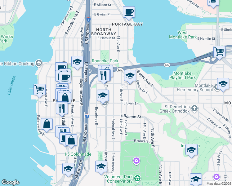 map of restaurants, bars, coffee shops, grocery stores, and more near 2312 Federal Avenue East in Seattle