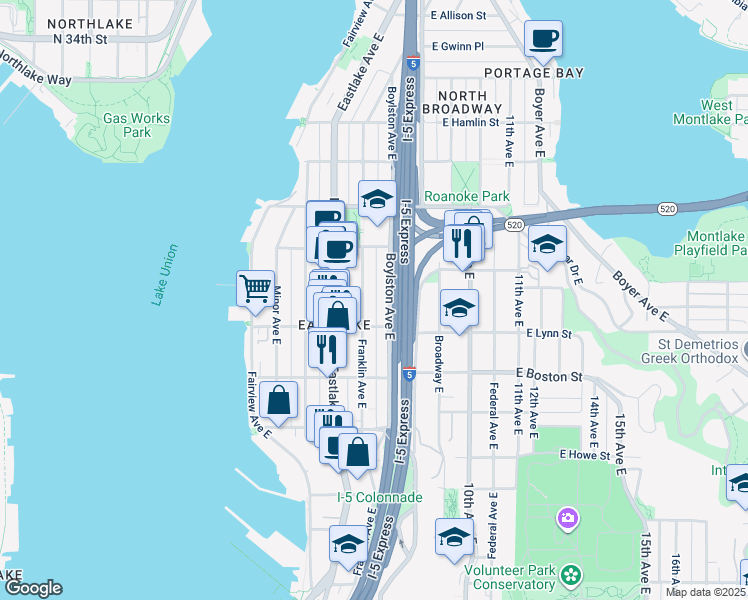 map of restaurants, bars, coffee shops, grocery stores, and more near in Seattle